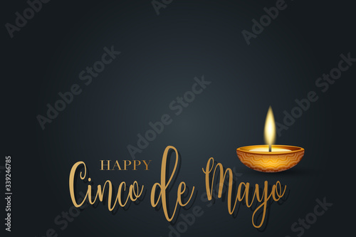 Cindo de Mayo banner or poster. Golden lettering and candle on black background. Vector illustration.