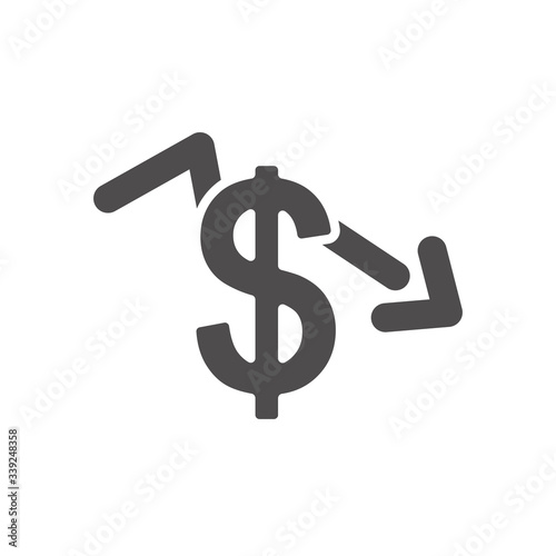 economic recession concept, money symbol and financial arrow down icon, silhouette style