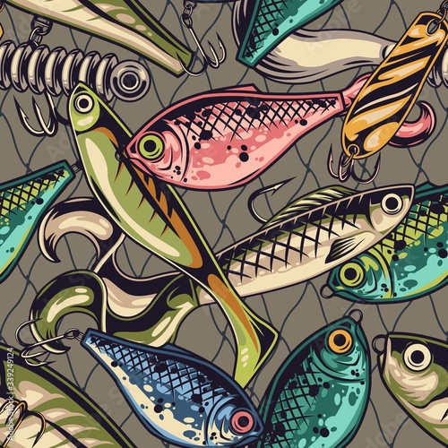 Fishing baits colorful seamless pattern