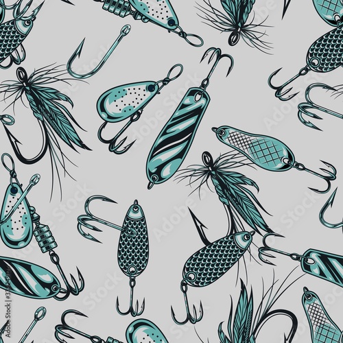Fishing lures vintage seamless pattern