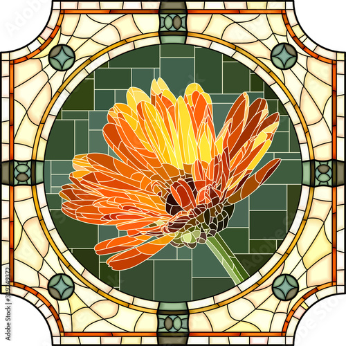 Vector mosaic with blooming orange calendula flowers in a round stained glass frame.