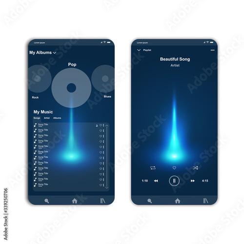 Social media network. Music player interface. Profile, Album, Song, Playlist mockup. music layout screen