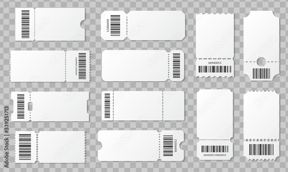 Blank ticket with barcode set. Template for concert, movie, theater and boarding tickets, lottery and discount coupons with ruffled edges - obrazy, fototapety, plakaty 