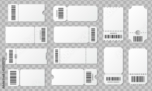 Blank ticket with barcode set. Template for concert, movie, theater and boarding tickets, lottery and discount coupons with ruffled edges