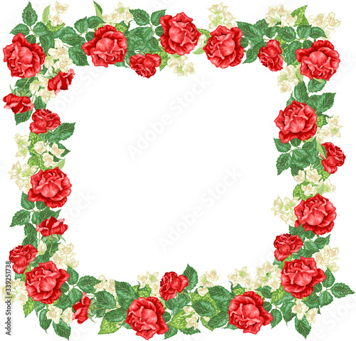 Vector illustration square frame with roses and jasmine flowers © Юлия Фуштей