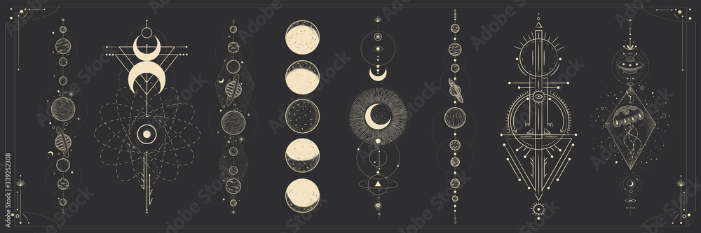 the sun and moon, the beauty of the eastern night. traditional folk spiritual elements. space objects. Vector graphics