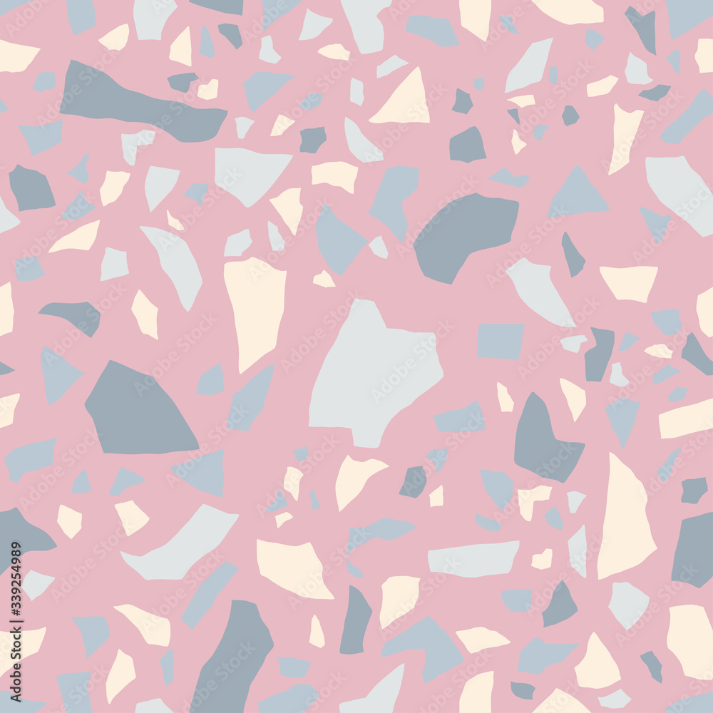 Pastel terrazzo flooring seamless pattern. Vector texture of mosaic floor with natural stones, pale pink color, granite, marble, limestone, concrete. 