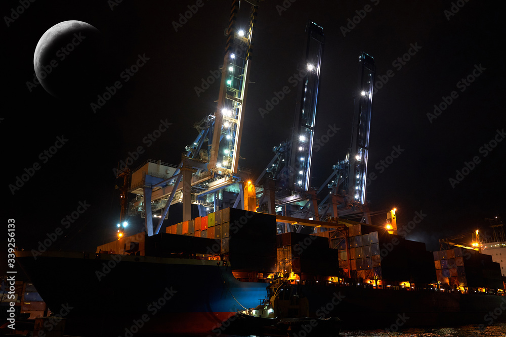 Containers loading by crane in the night , Trade Port. container operation in port series