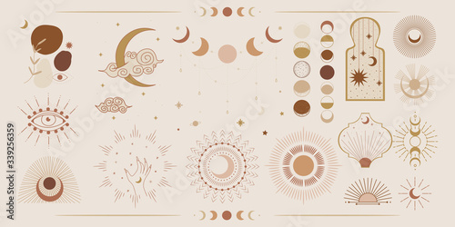 Minimalism in pastel colors. abstraction style. phases of the moon and the sun. mystical elements for your design. fashion and trend. Vector graphics