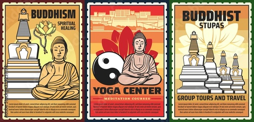 Buddhism religion, yoga courses and meditation center, vector vintage posters. Buddhism spiritual healing, religious temples and shrines travel, Buddha in lotus posture and mudra sign hands