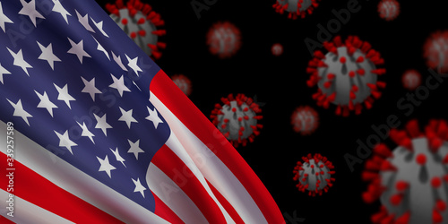 Vector realistic background with an American flag and detailed virus-cell microbe symbols (Coronavirus, Corona Virus, 2019-nCoV).