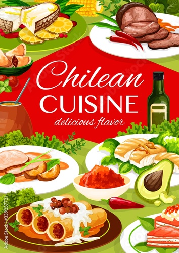 Chilean cuisine. Chilean mate tea drink, sea bass fish with chili pepper and salmon fillet with leek, cannelloni pasta with mushrooms. National food, vector fish, meat and vegetables dishes
