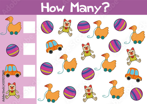 Counting toys game illustration for preschool kids in vector format.