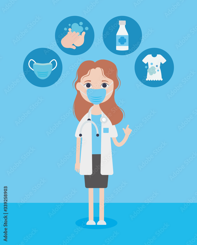 cartoon doctor woman with mouthmask and the cleaning preventions of covid 19, colorful design
