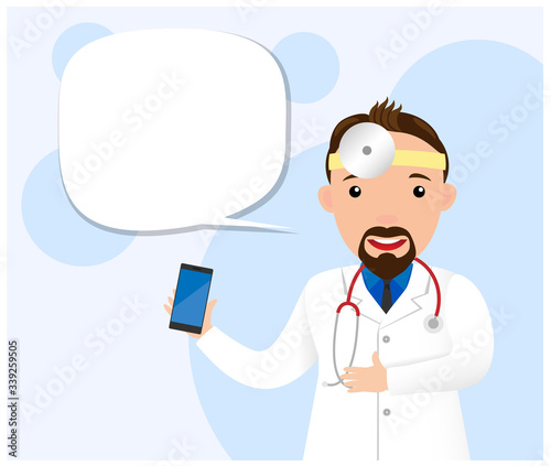 Male otolaryngologist doctor. Doctor with stethoscope consults patients by phone. Medicine online. Stay home. Flat vector illustration. 