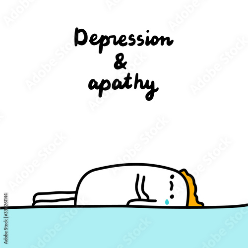 Depression apathy symptom of schizophrenia man expressive in cartoon comic style hand drawn