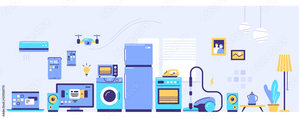 Vector set of household appliances with washing machine, fridge, stove indoors with window and plant in pot. Sale of home domestic electronic appliances on light background. Vector set of household appliances with washing machine, fridge, stove indoors with window and plant in pot. Sale of home domestic electronic appliances on light background.