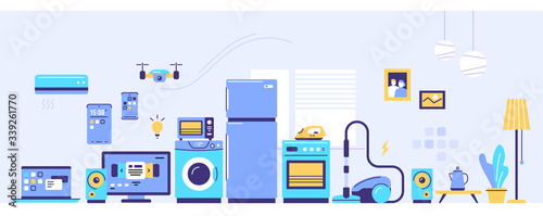 Vector set of household appliances with washing machine, fridge, stove indoors with window and plant in pot. Sale of home domestic electronic appliances on light background.