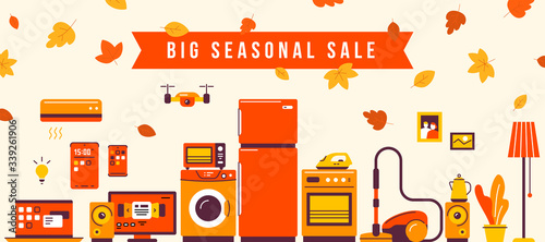 Vector set of household appliances on background fall leaf. Autumn seasonal sale of home domestic electronic appliances.