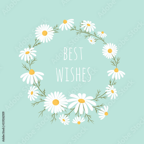 Photographie cute chamomile flowers frame isolated on blue background, best wishes
