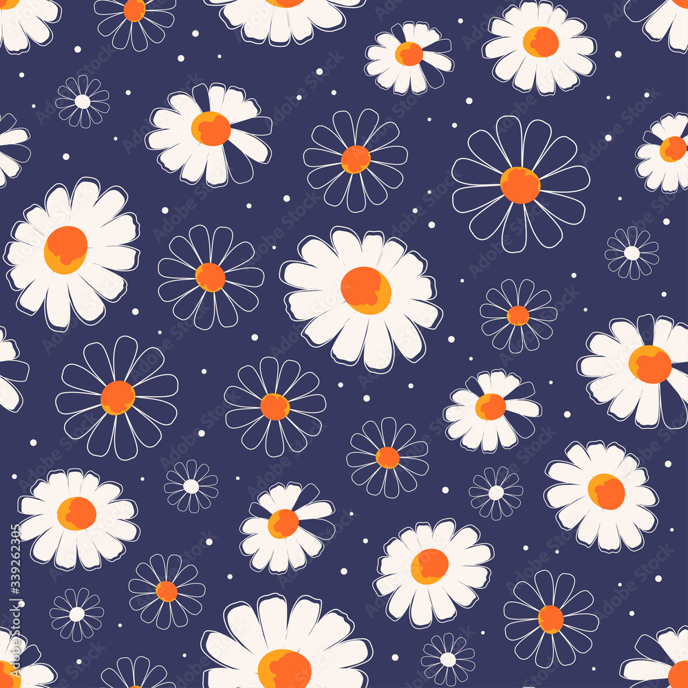 chamomile flowers seamless pattern on dark blue background