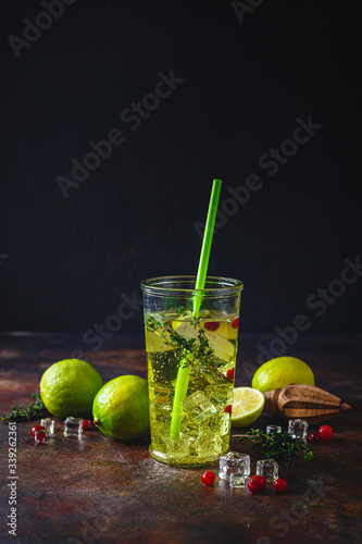 Lime Lemonade with thyme, cranberry and ice.