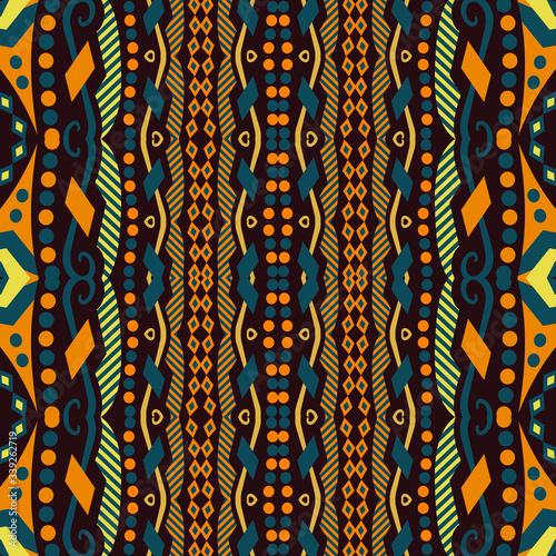 Bright ethnic seamless pattern with geometric ornament. Abstract geometric art print. ethnic hipster backdrop. Vector folk tribal colorful pattern.
