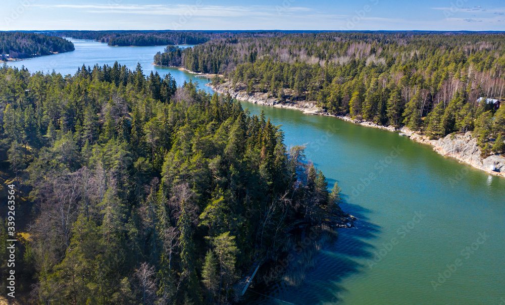 Aerial view of Barosund coast and strait, Finland