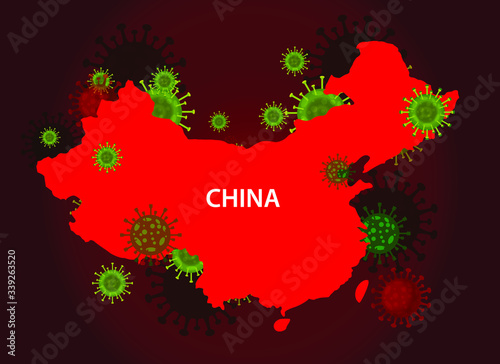China map with covid-19 virus concept. Coronavirus is spread to all over the world and infected to all countries. Vector illustration of red map design with Influenza virus. Covid 19 china map. © awesome artt