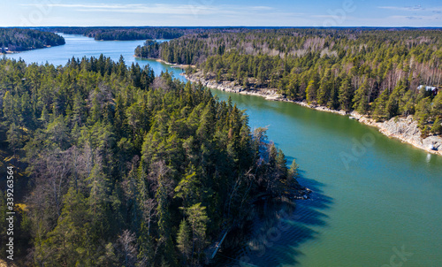 Aerial view of Barosund coast and strait, Finland