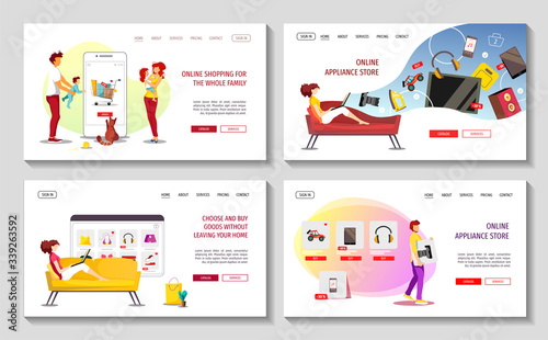 Website design template for Family store, Online Shopping, Home delivery, Appliance store, E-commerce. People choosing and buying products. Vector illustration for poster, banner, website, commercial.