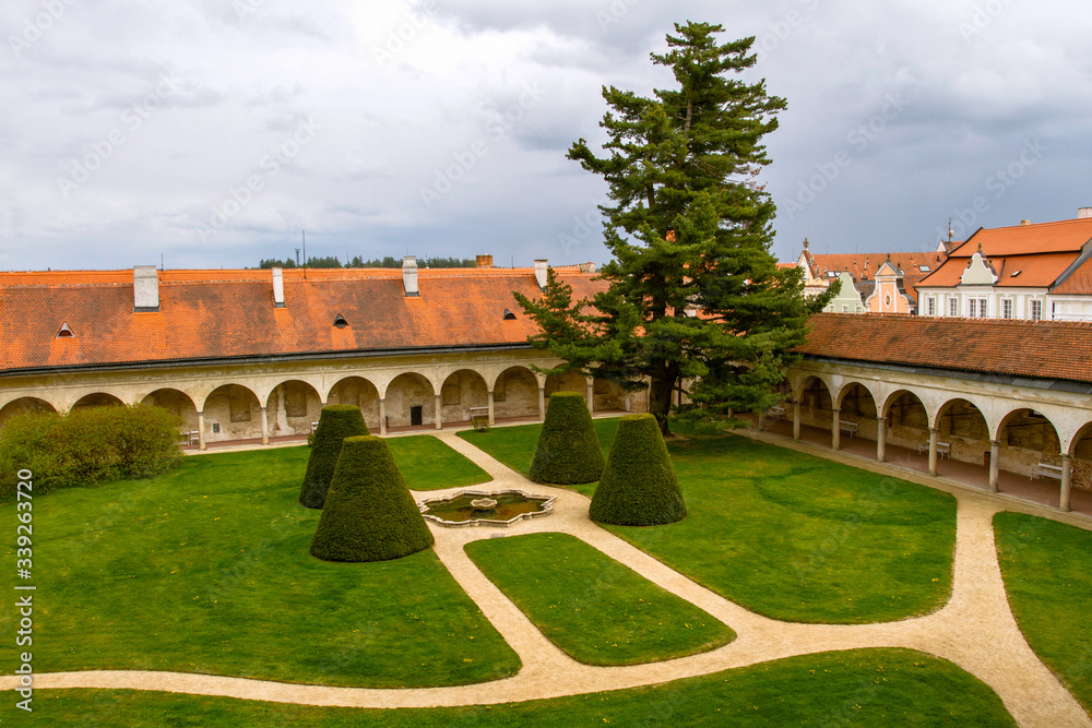 Telc, Czech Republic. On may 04, 2019. Courtyard of a medieval Czech Renaissance castle of Telc in Moravia. Castles and fortresses of the Czech Republic. European travel.