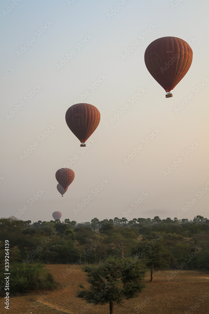 Hot air balloons at Bagan plain of temples