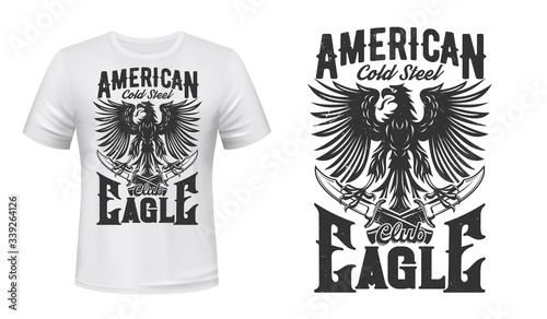 American heraldic eagle with crossed daggers. T-shirt print vector black mockup. Powerful black eagle with spread out the wings, crossed daggers. Biker, car or motor racing sport club symbol