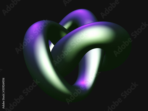 3D metallic knot isolated on black background. Futuristic metallic decoration element. Symbol of infinity and endlessness made of shiny metal. Vector illustration of abstract geometric shape.