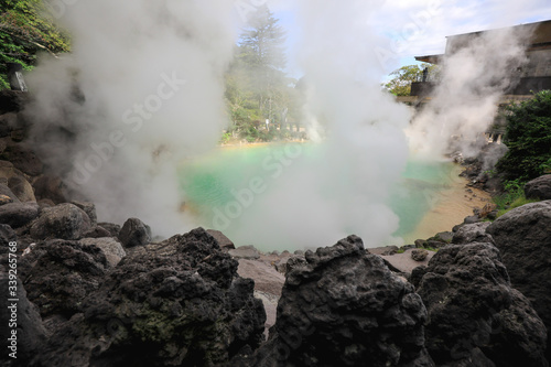 Green hot water pool or Umi jigoku in Japan