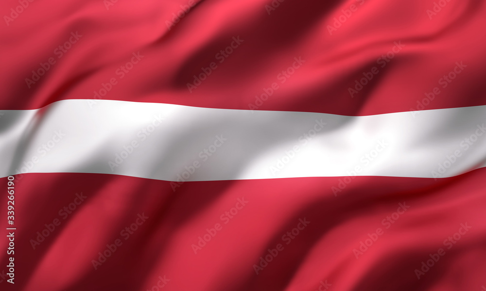 Flag of Latvia blowing in the wind. Full page Latvian flying flag. 3D illustration.