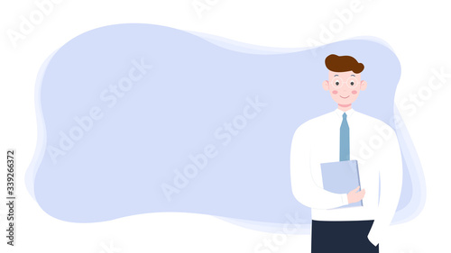 Businessman or student holding a book with the blank board. Business or education vector illustration background.