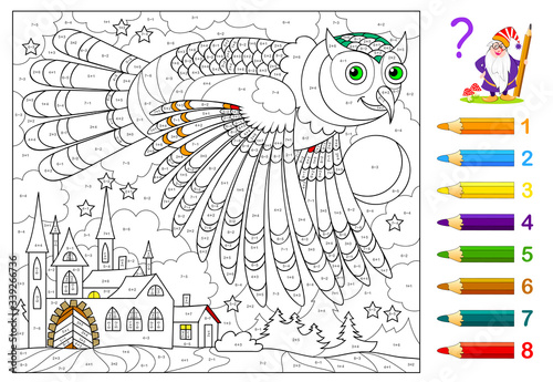Math education for little children. Coloring book. Mathematical exercises on addition and subtraction. Solve examples and paint flying owl. Developing counting skills. Printable worksheet for kids.