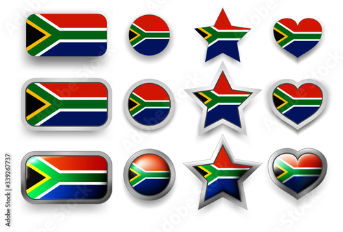 Free Download Set of vector labels of South Africa flag button, round button, star and heart sign of love in flag colors blue, red, green, gold for poster or flyer - GFXLoad