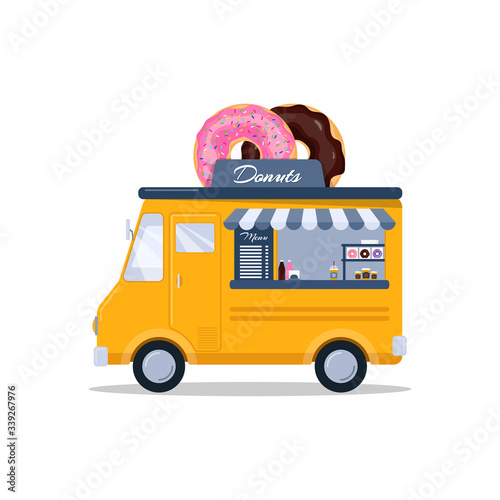 Donuts food truck isolated on white background. Fast food truck in cartoon style