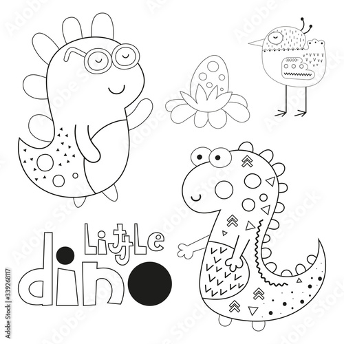 Coloring page for kids. Little dino - cute dinosaurs, egg, bird. Vector illustration. Funny coloring book for kids.