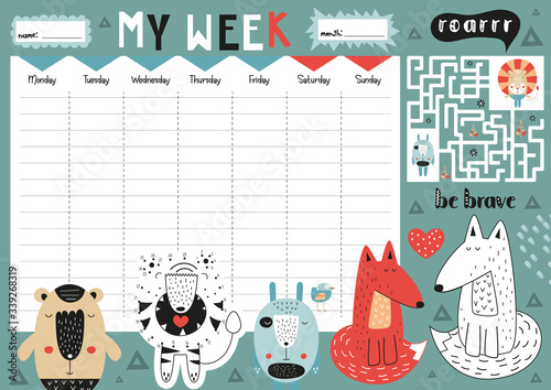 My week - weekly planner for kids contain mini games - maze, dot to dot, coloring page. Cute forest animals in scandinavian cartoon style. Kids schedule design template. Vector illustration.