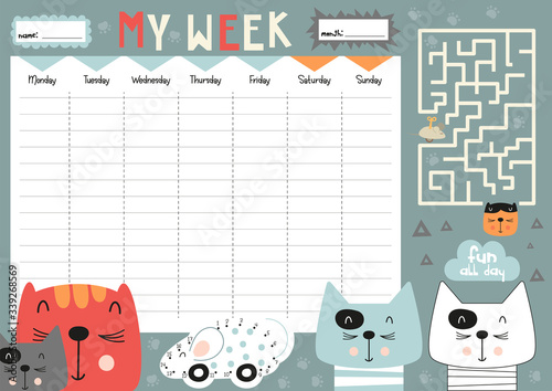 My week - weekly planner for kids contain mini games - maze, dot to dot, coloring page. Cute cats in cartoon style. Kids schedule design template. Vector illustration.