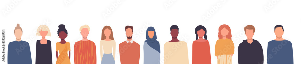 Vector illustration in flat style. Global society. People of different nationalities, cultures isolated on white. Multiethnic group of people. Universal design concept. White empty place for text