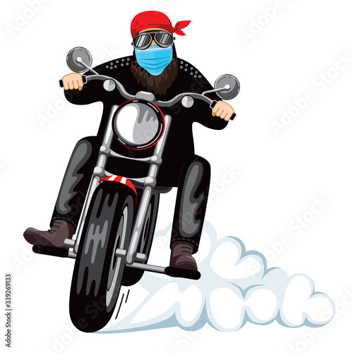 A man  racing on a motorcycle. face mask. White background. Vector illustration.