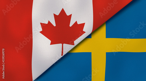 The flags of Canada and Sweden. News, reportage, business background. 3d illustration