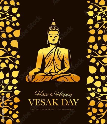 Gold Buddha in meditation. Vesak Day holiday vector poster. Buddha sitting in lotus yoga pose with bodhi tree leaves decoration. Buddhism religion culture and tradition. Vesak Day religious holiday