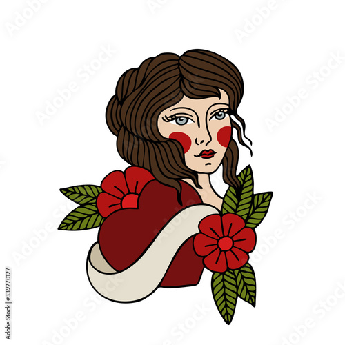 girl illustration traditional tattoo flash