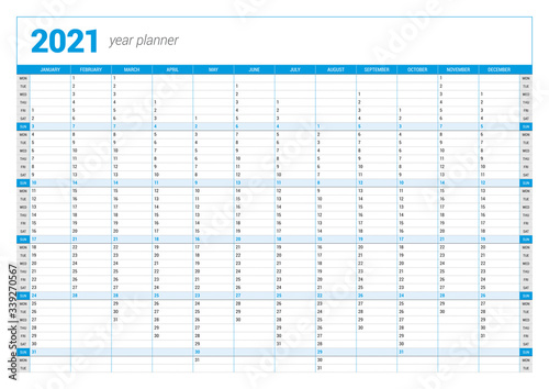 Calendar yearly planner template for 2021. Printable template. Week starts on Monday